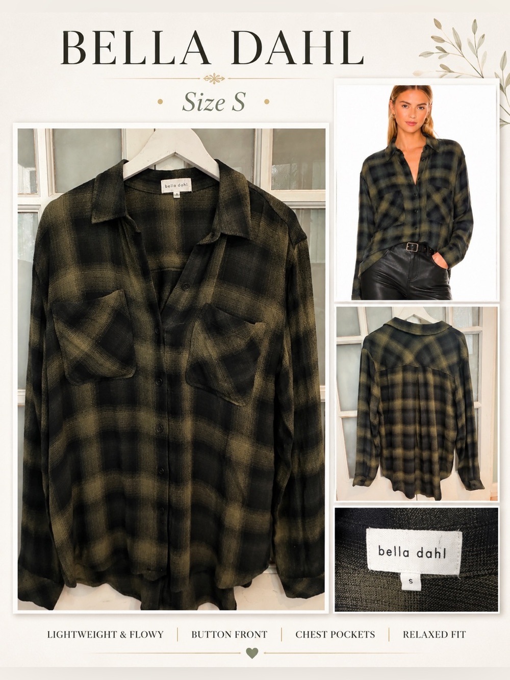Bella Dahl Olive and Black Plaid Button-Front Blouse